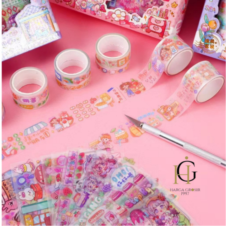 

Paket Stickers YD-SZKD dengan washi tape selotip gambar dan pisau pemotong stiker kado unik waran pastel isi 14 roll buah peach tosca pink biru