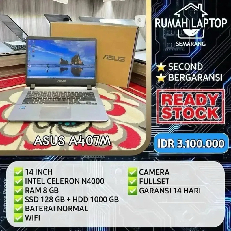 Laptop Asus A407M (second). Intel Celeron N4000. RAM 8 GB. SSD 128 GB + HDD 1000 GB