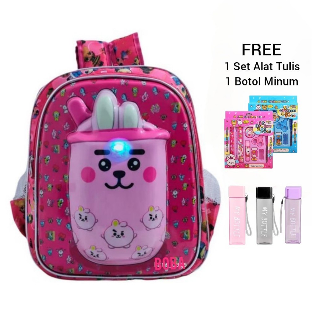 GDM tas sekolah 3D LAMPU NYALA motif boba free alat tulis dan botol minum