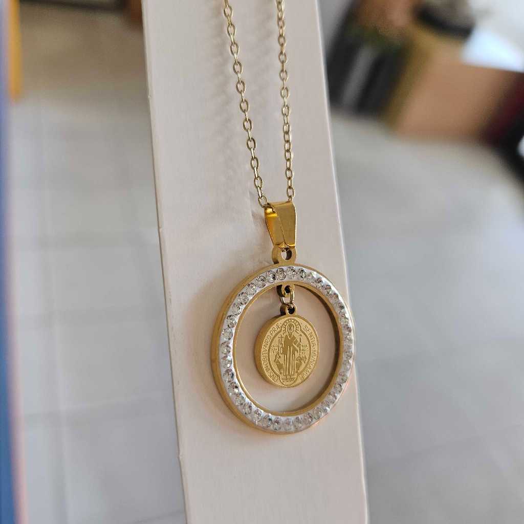 Kalung Medali Benediktus Ring Mutiara Golden/Silver Stainless Steel