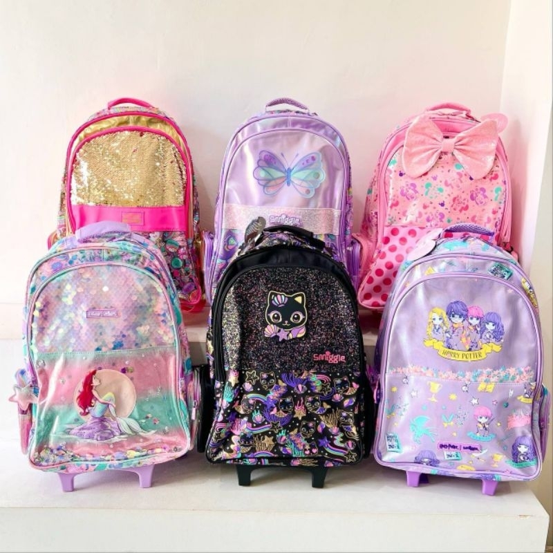 Tas ransel smiggle ada roda girl perempuan pink ungu hitam hijau