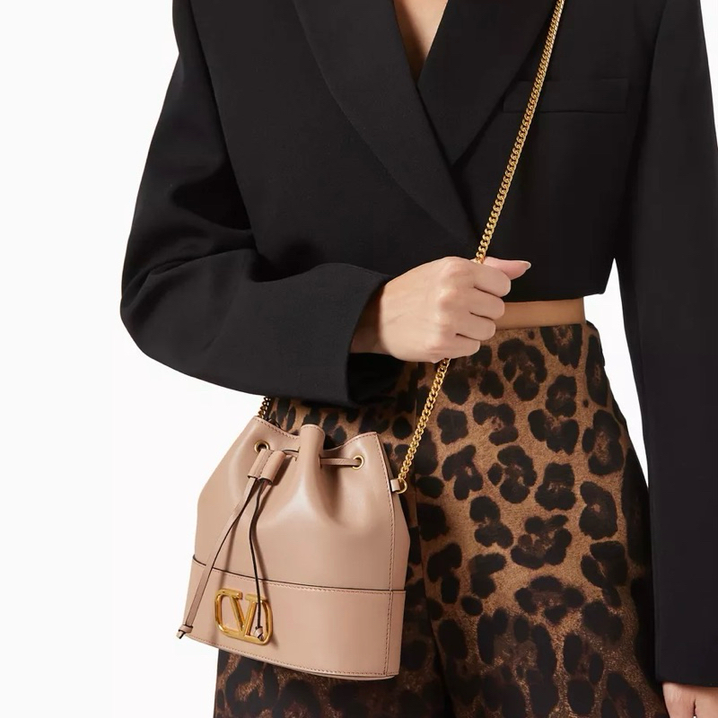 Original Valentino Vlogo Mini Bucket Bag in Nappa with V Logo Signature Chain Crossbody