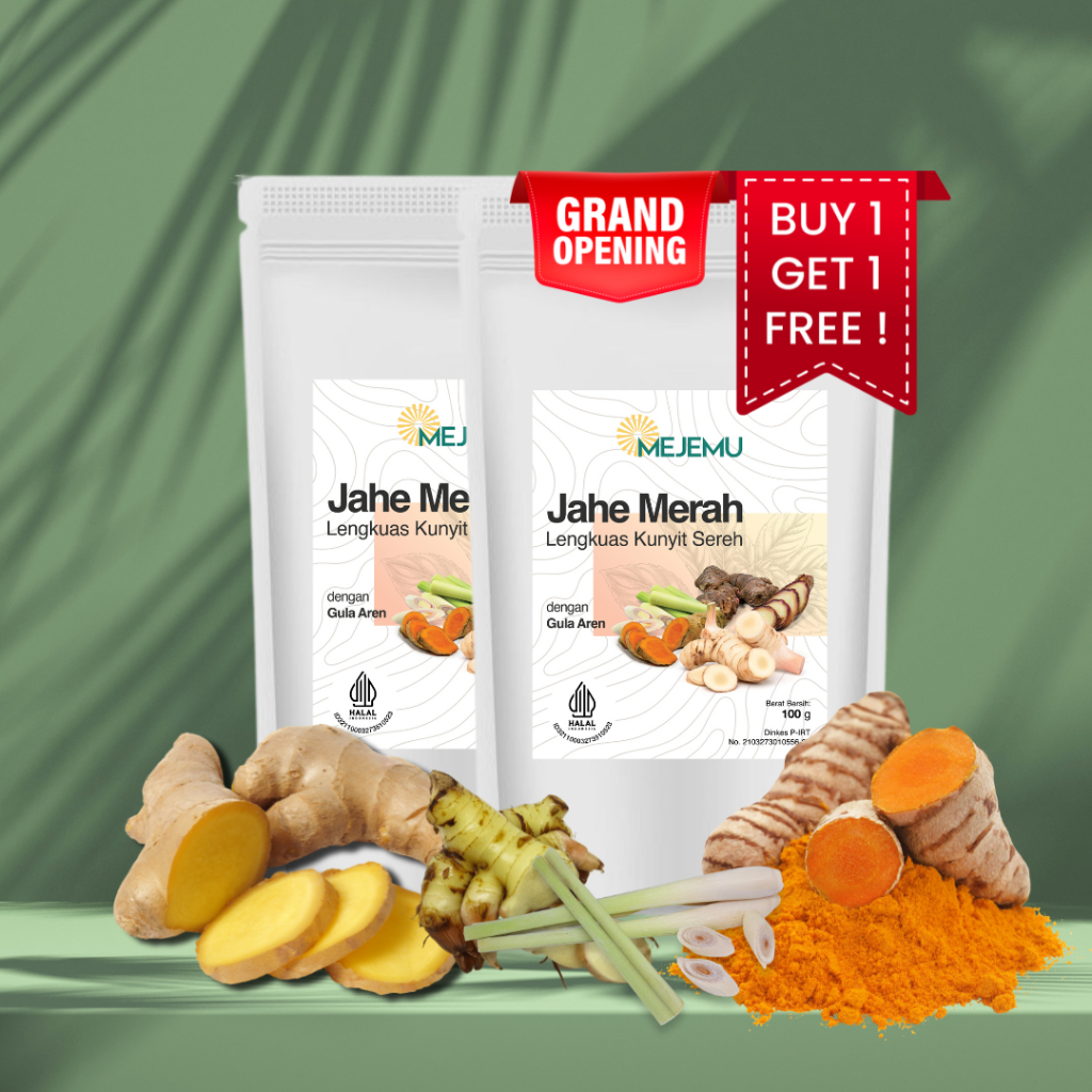 

Jamu Jahe Merah Lengkuas Kunyit Sereh Gula Aren Bubuk Instant 100 Gram Mejemu Company