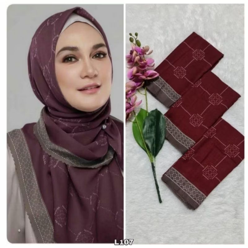 HIJAB SEGIEMPAT VOAL MOTIF + POUCH| Jilbab Segiempat Voal Motif | Kerudung voal
