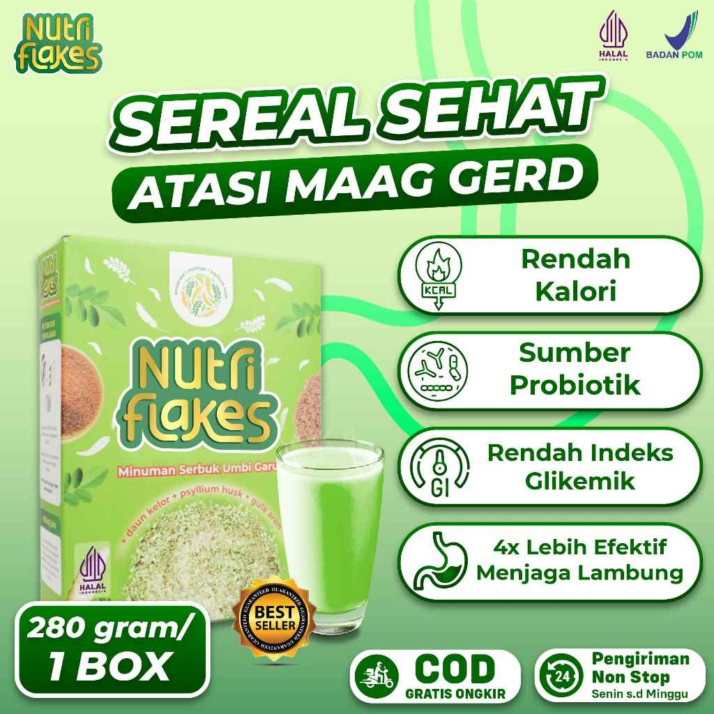 

Nutriflakes Sereal Umbi Garut Herbal Original Atasi Maag Menurunkan Asam Lambung 1 box