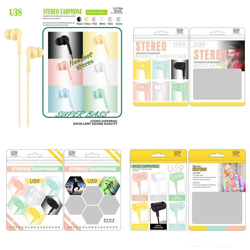 HEADSET HANDSFREE EARPHONE U38 & U39 & U59 & U69 MACARON MUSIC MUSIK HEADSET STEREO SOUND