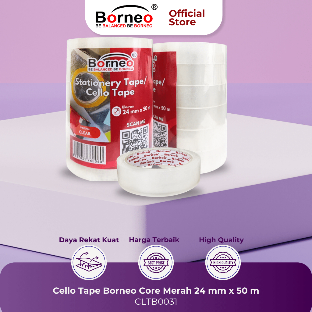 

6 ROLL - Borneo Isolasi Selotip Solatip Tanggung 1 Inch 24 mm x 50 m Murah dan Bening