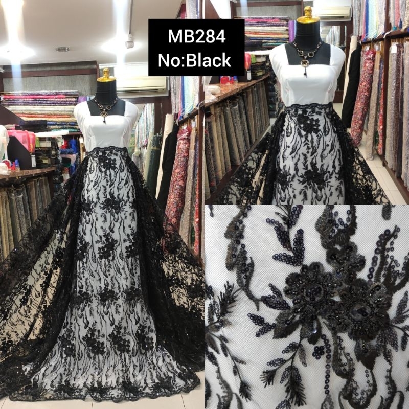 kain Tile Brokat Bunga Salur Payet MB284 No:Black