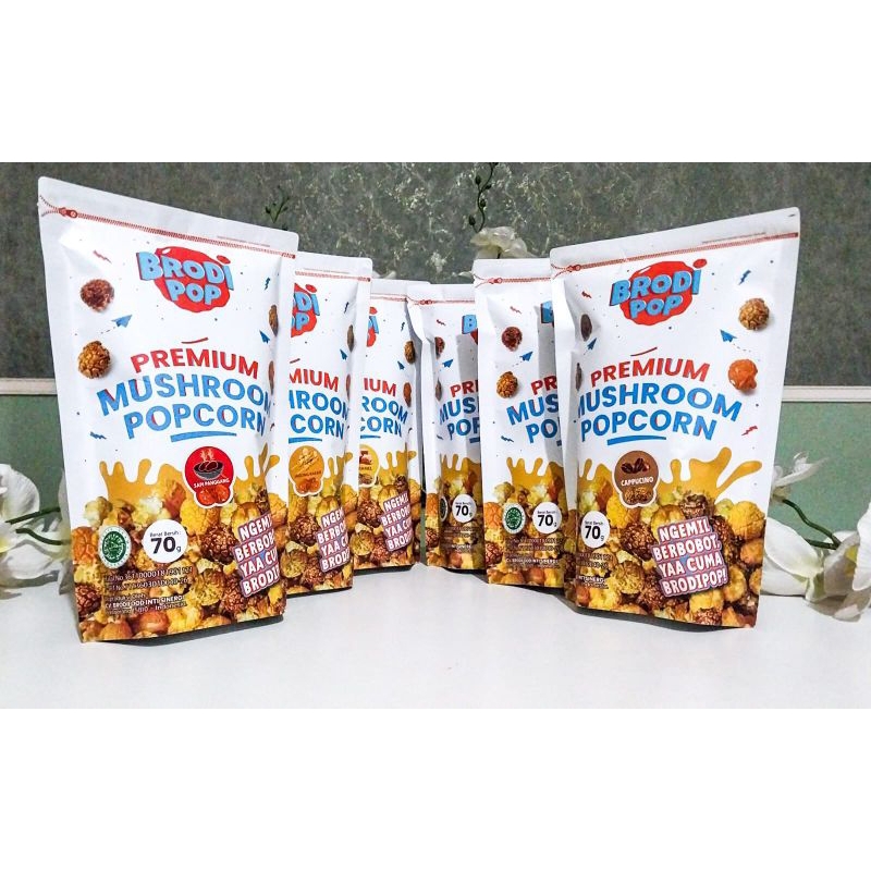 

paket Brodipop mushroom popcorn 6 pouch 100 rb/popcorn/brodipop/cemilan sehat/rendah kalori/ jagung bakar