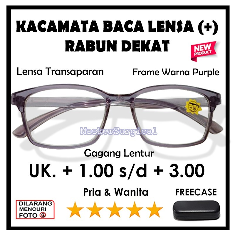 Kacamata plus rabun dekat frame ungu bening ready ukuran +1.00 s/d +3.00 pria wanita free case