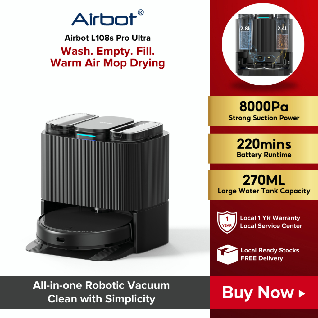 Airbot L108S Pro Ultra Robot Vacuum Cleaner, 8000Pa Suction Power, Auto Empty Dust Bin & Mop, HEPA Filter
