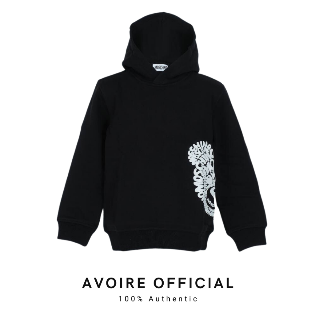 Kids Hoodie Black All Over Logo White Teddy Bear Unisex