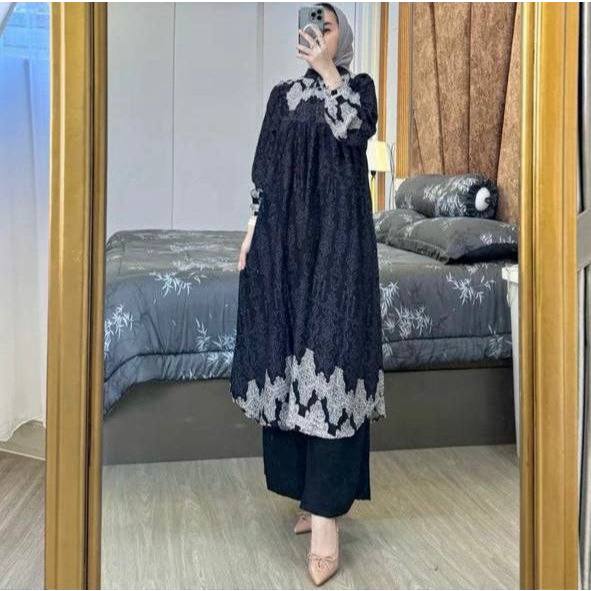 Setelan Midi Long Tunik Rayon Celana Crinkle Premium Busui Friendly Jumbo