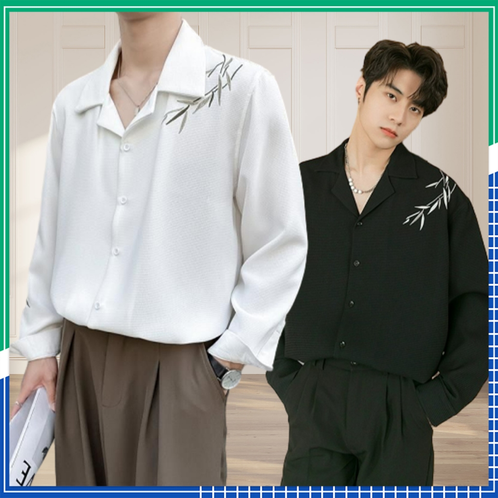 Livveharft Kemeja Pria Bordir Vintage Korean Kemeja Pria Lengan Panjang Premium Old Money Style