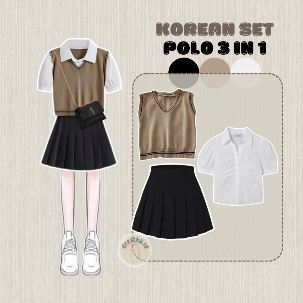 One Set Korean Style Wanita 3IN1 Kemeja, Vest Rompi Polo, Rok Tennis Ala Korea Setelan OOTD Kpop DT2