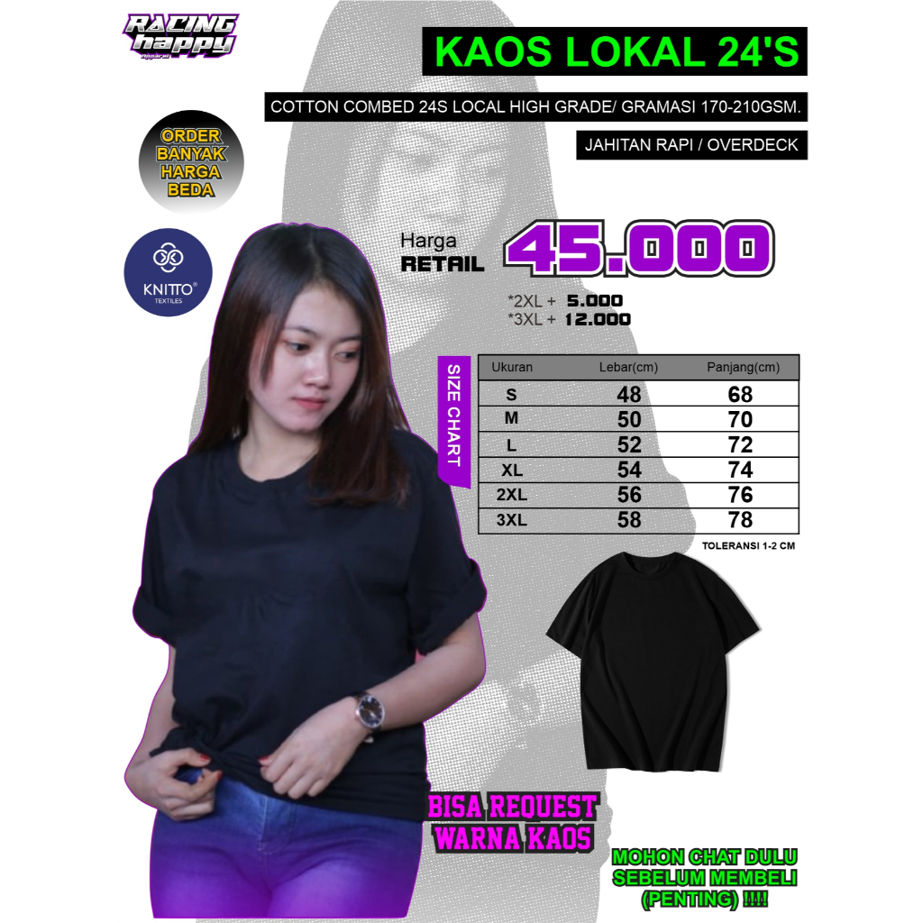 KAOS POLOS 24s ORRGL KNITTO SIZE S M L XL 2XL 3XL COMBED 24s O NECK LENGAN PENDEK BISA REQUES WARNA