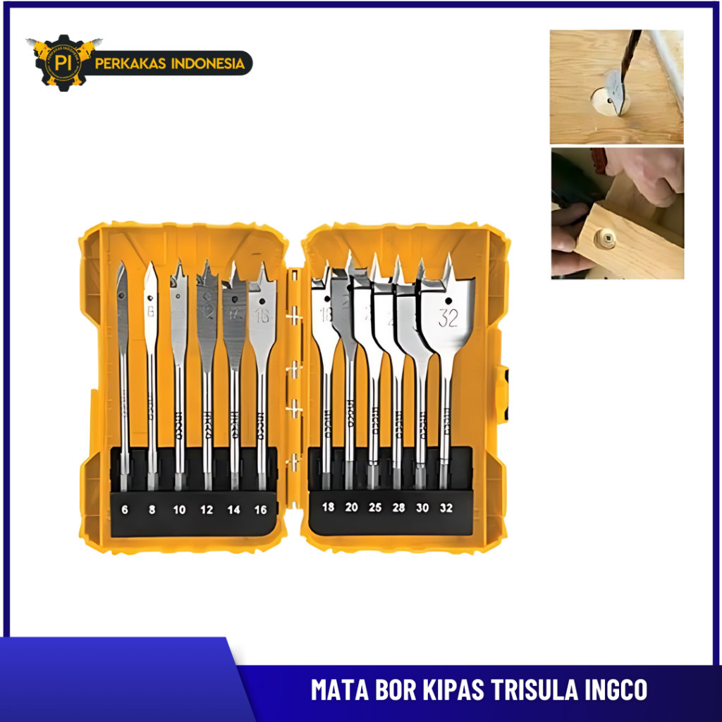 Mata Bor Kipas Trisula INGCO AKDL1201 Set 12 Pcs 6-32mm Flat Wood Drill Bits Pisau Bor Kayu Hole Saw