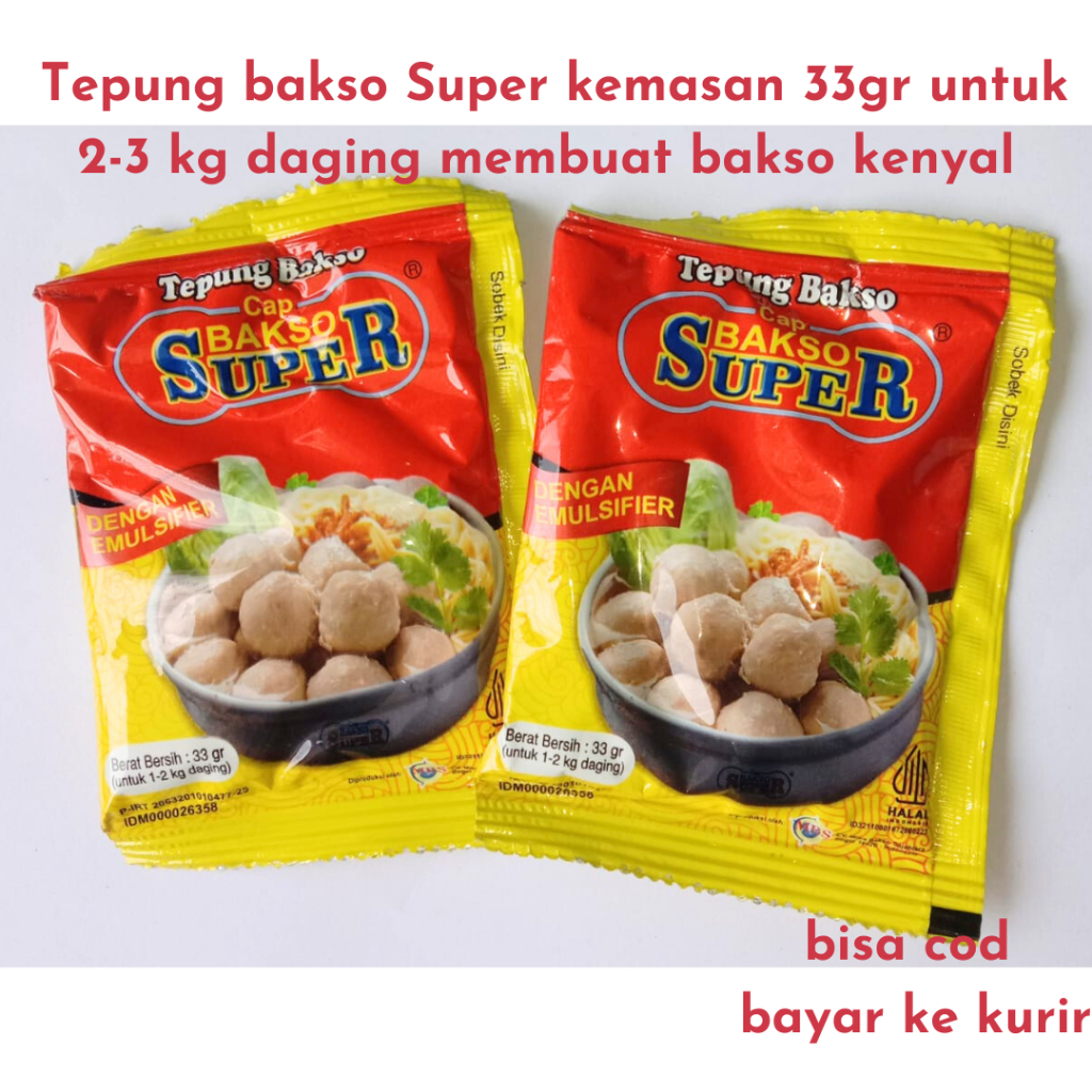 

Tepung bakso Super kemasan 33gr untuk 1-2 kg daging membuat bakso kenyal