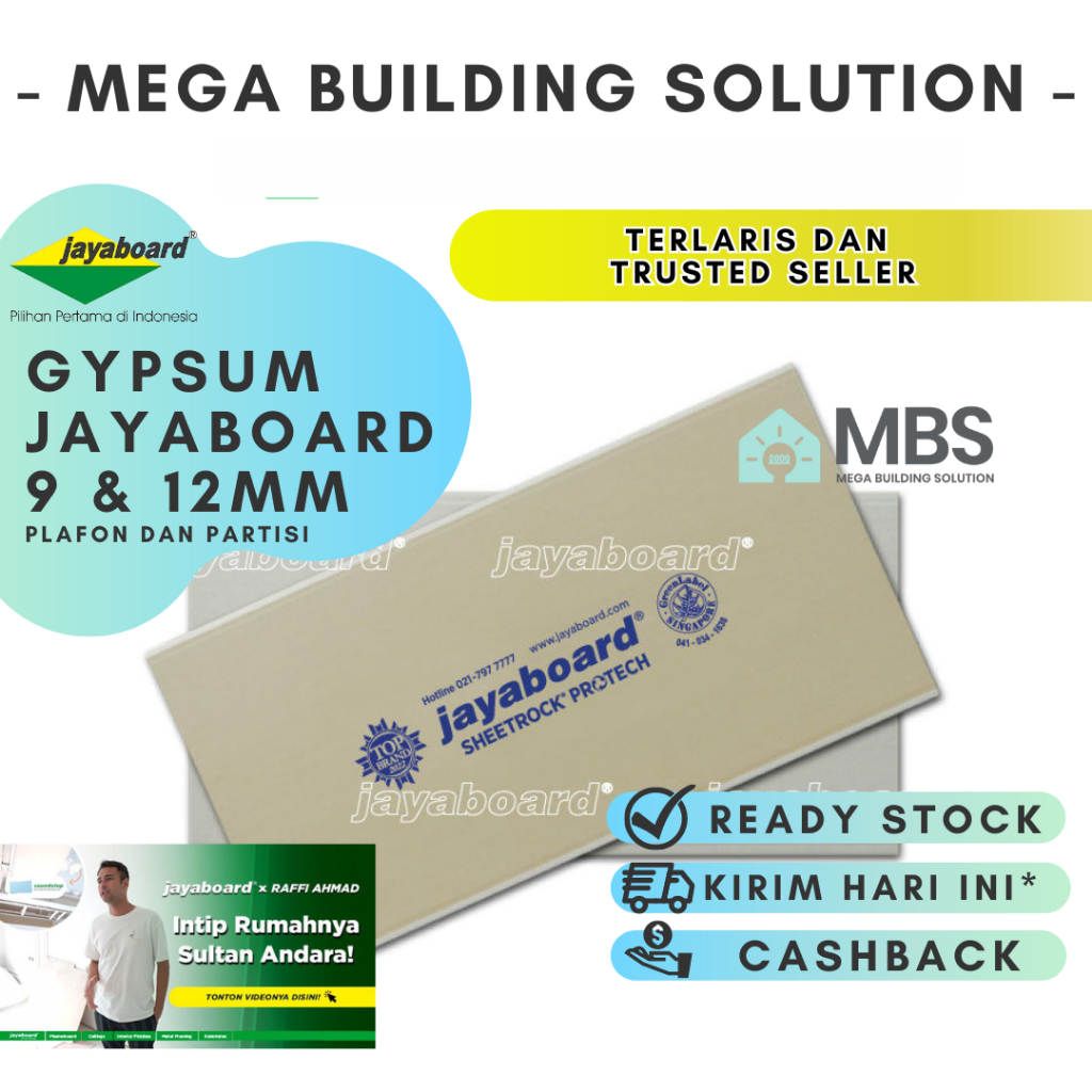Gypsum Jayaboard 1200x2400mm + Papan Gipsum Jaya 12mm Partisi Plafon