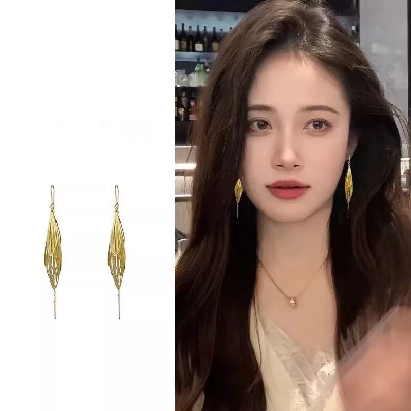 Anting Hijab Panjang Wanita Korea Model Juntai Warna Gold Emas Giwang Jilbab Hook