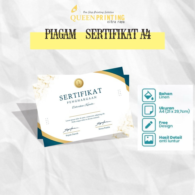 

MURAH! MIN ORDER 2pcs ,CETAK SERTIFIKAT PENGHARGAAN ( 1 SISI )CETAK A4, CETAK KERTAS LINEN / Art carton 260gsm A4(BISA PILIH FREE TEMPLATE / PAKAI DESIGN SENDIRI)