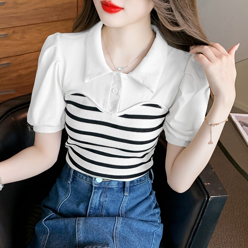 KOKO - Atasan Lengan Pendek Garis Berkerah Polo Kombi Kemeja Katun Rajut Wanita Cewek Import
