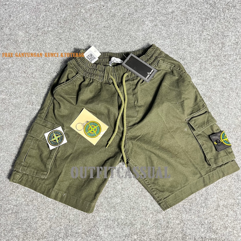 Celana cargo pendek STONE ISLAND pinggang karet Cotton Twill Full lable and tagg Free gaci & totebag