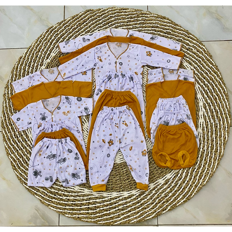 Baju bayi baru lahir paket 18pcs seri mustard, baju bayi baru lahir, celana bayi baru lahir