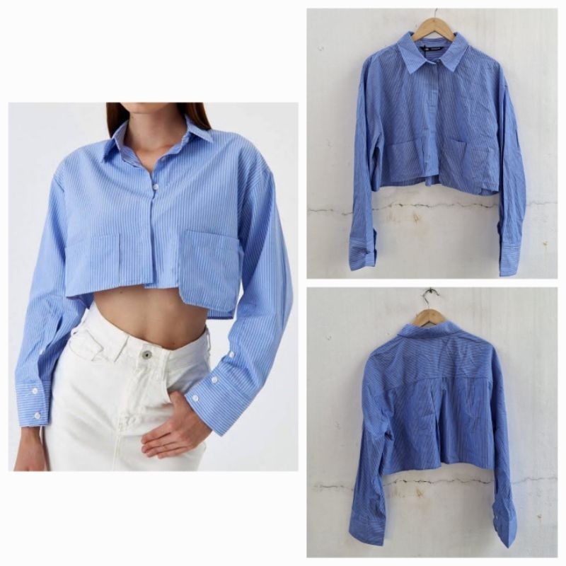 ZARA WOMAN KEMEJA POCKET STRIPE CROP SHIRT BARU ASLI ORIGINAL