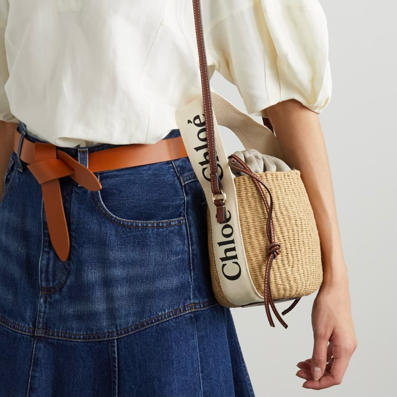 Original Chloe Small Woody Drawstring Basket Bucket Crossbody Bag in Natural Fibers