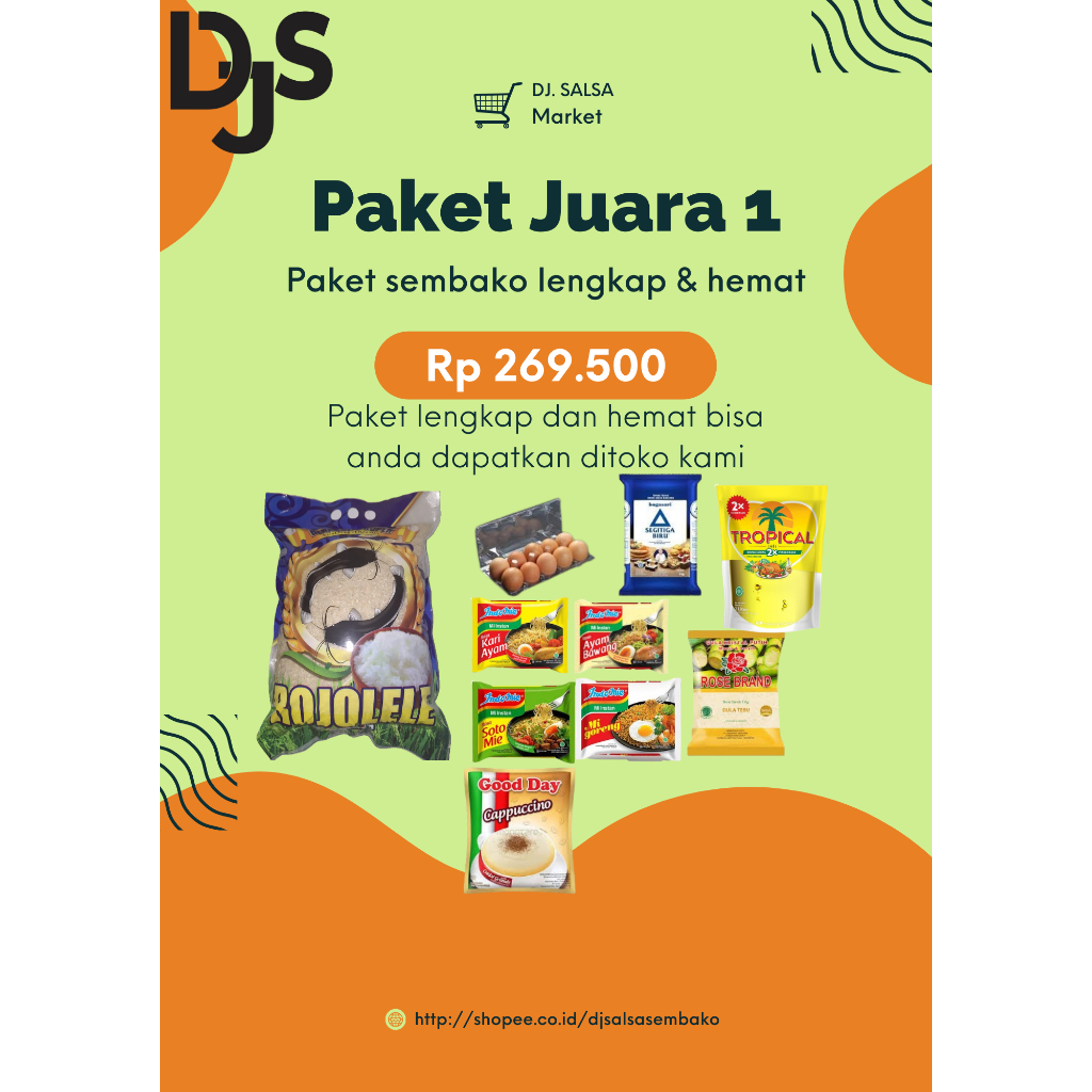 

PAKET SEMBAKO JUARA 1. ( Berupa Beras 5kg, Telor 1kg, Gula 1kg, Tepung Segitiga Biru 1kg, Indomie 5 Pcs bebas pilih, Minyak Tropical 2 liter, Kopi Good day Capucino1 renteng)