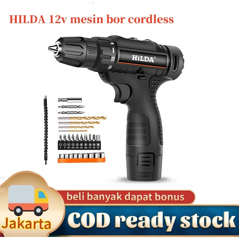 HILDA 12v mesin bor cordless Bor tangan baterai tembok Tanpa Kabel Bor Listrik 1200mAh
