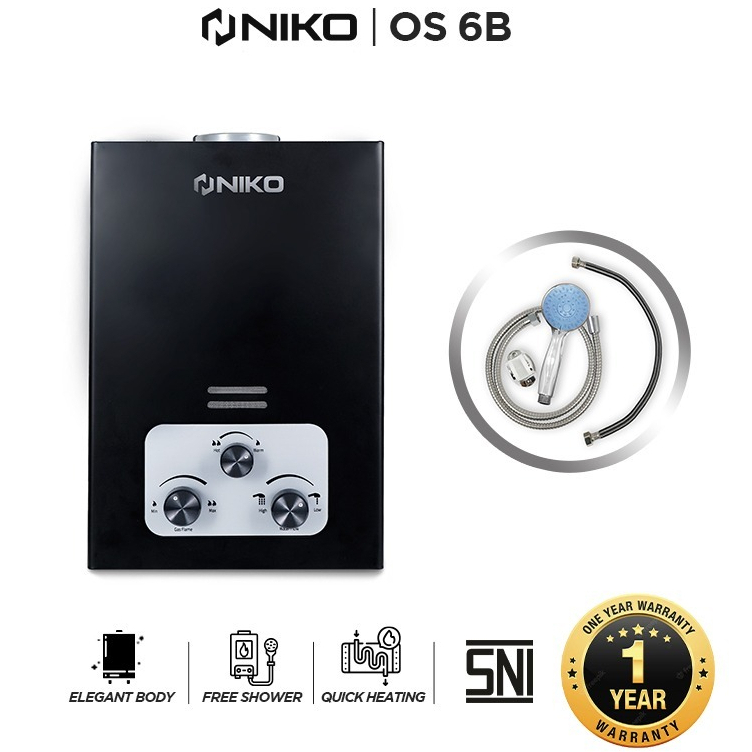 Niko Water Heater Gas / Pemanas Air Panas Kamar Mandi - OGW6 - BONUS Kepala Shower dan Selang Shower