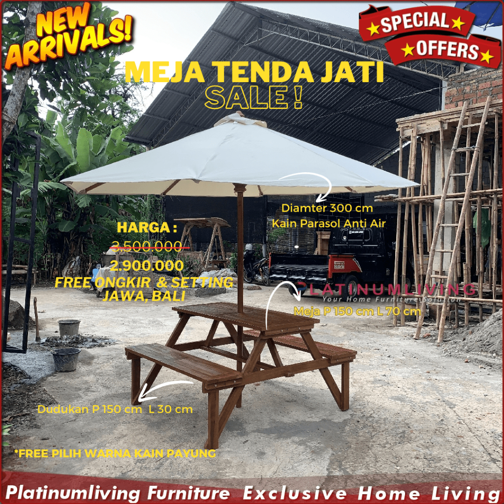 Meja Payung Taman Kayu Jati, Meja Makan Cafe Outdor, Kursi Meja Payung Meja Payung Tenda Jati Cafe V