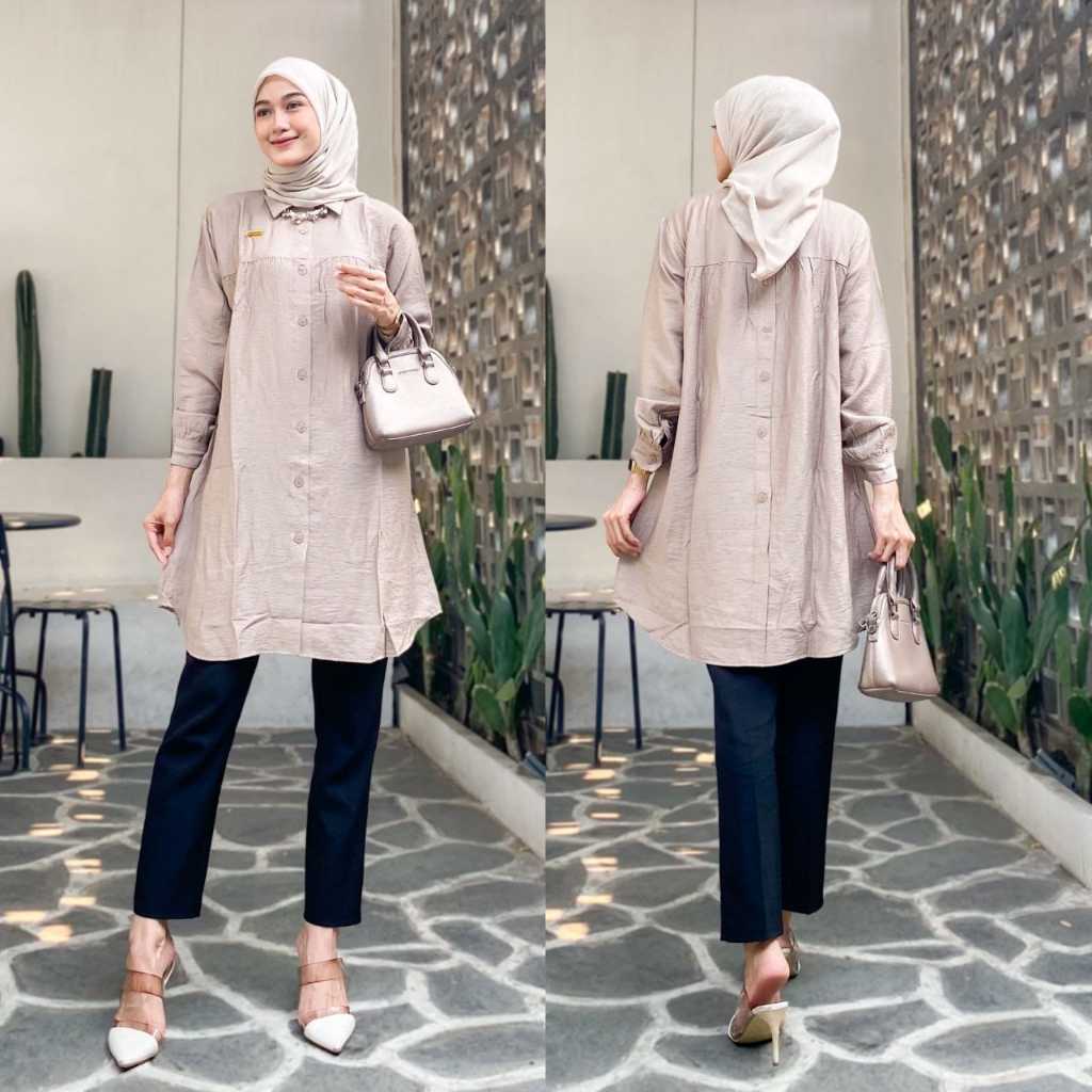kemeja Tunik  Lengan panjang kain polo linen premium atasan Wanita masa Kini