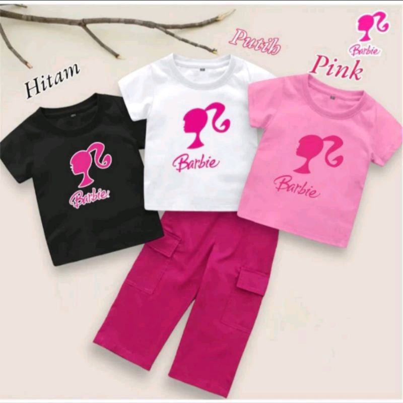 (3 tahun-12 tahun) baju anak celana cargo setelan baju anak perempuan barbie kaos anak one set anak 