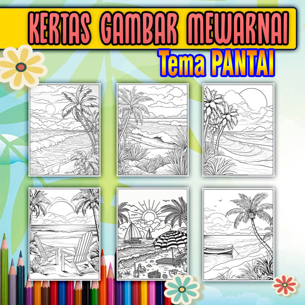 

Kertas Mewarnai Anak paud, sd, smp, sma maupun dewasa kertas tebal ukuran A4 tema PANTAI