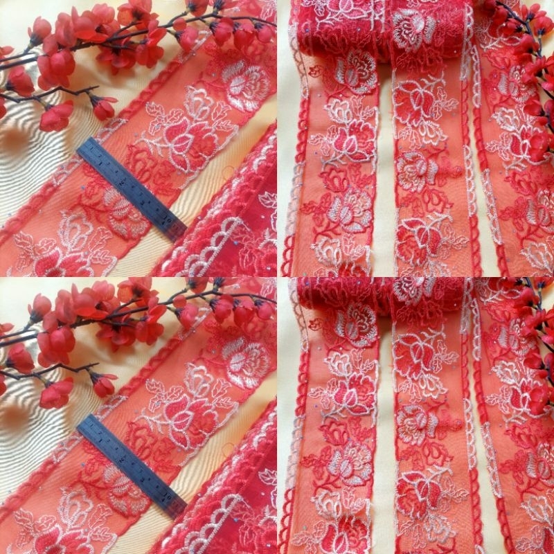 Renda tille organdy warna merah gold lebar 10cm panjang 15 yard harga per yard ( 90CM) 75,00