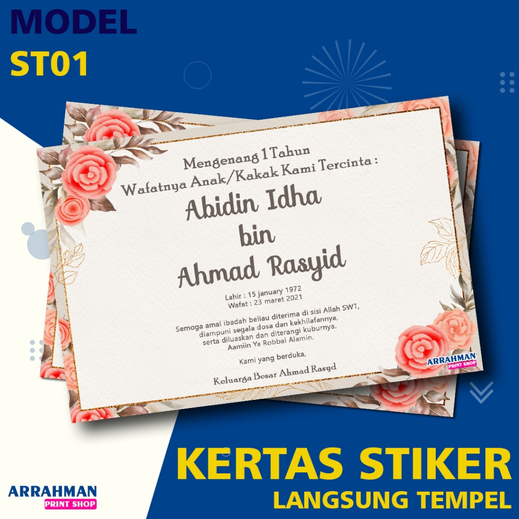 Isi 100 Lembar Stiker Tahlilan 40 Hari/100 Hari /1 Tahun/ Stiker Peringatan Haul
