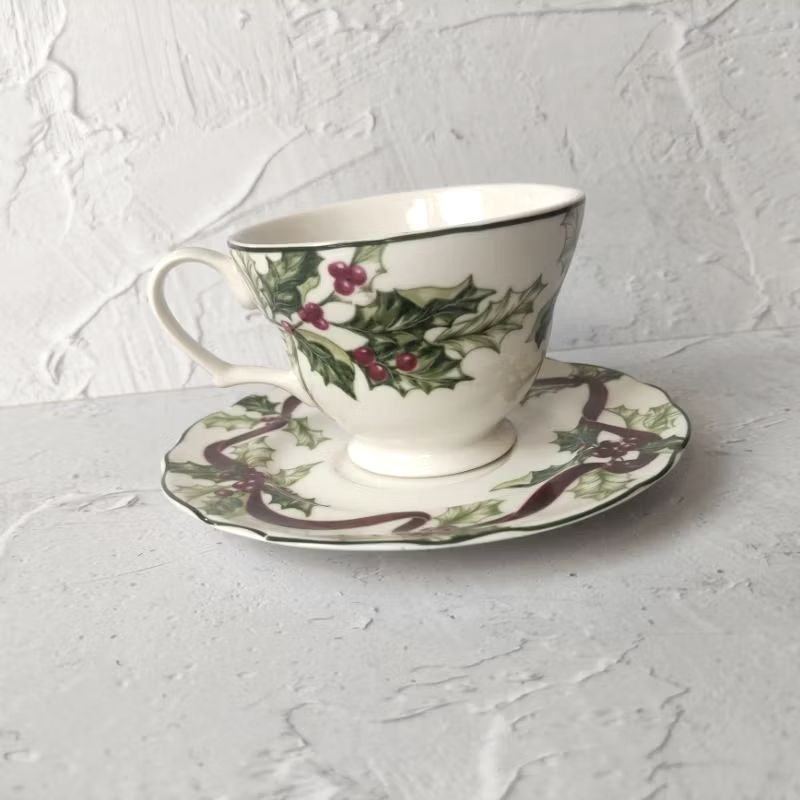 SANGO CANGKIR KERAMIK KOPI TEH SET LEPEK TATAKAN MOTIF NATAL CHRISTMAS TEASET CUP SAUCER