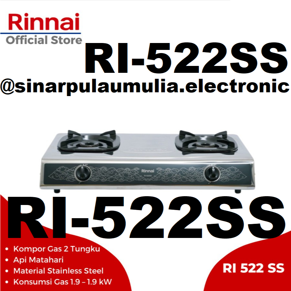 Rinnai Kompor Gas 2 Tungku Stainless Sun Burner - RI522 SS / RI 522SS / RI 522 SS / RI522SS
