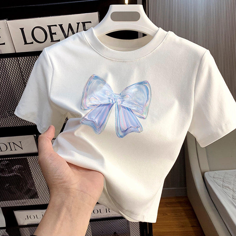 Misco T-shirt Crop Top Lengan Pendek Kaos Wanita Crop Top Korea Blue Bow Kaos Crop Wanita Kekinian B