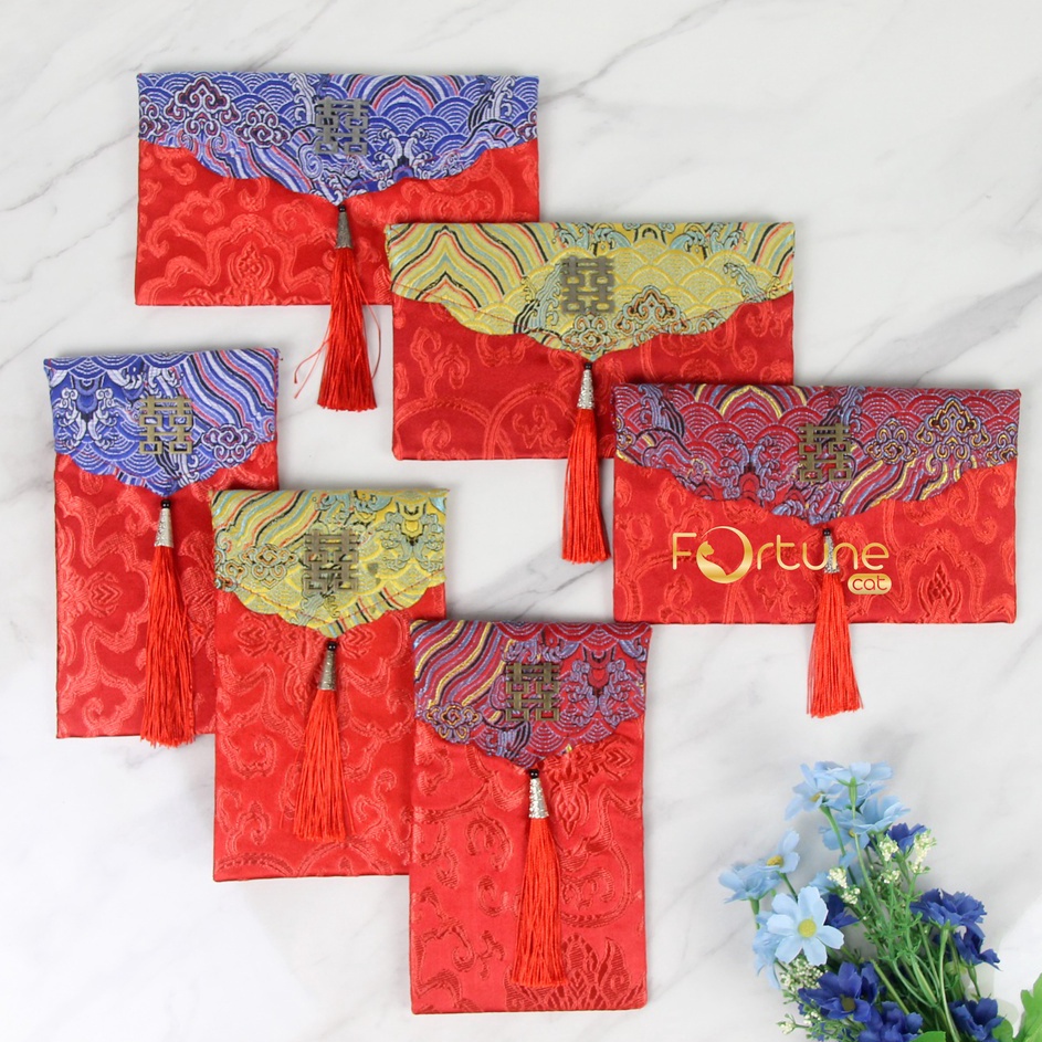 

L9LZO866 Angpao Sangjit Kain Shuang Xi Wedding Engagement Lamaran Kawinan Kain Premium Merah Gantungan Batik