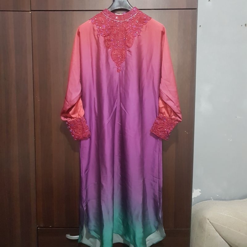 Kaftan Gamis Satin Silk Premium Wanita Ombre Gradasi Long Dress Muslimah Payet Bordir Baju Kondangan