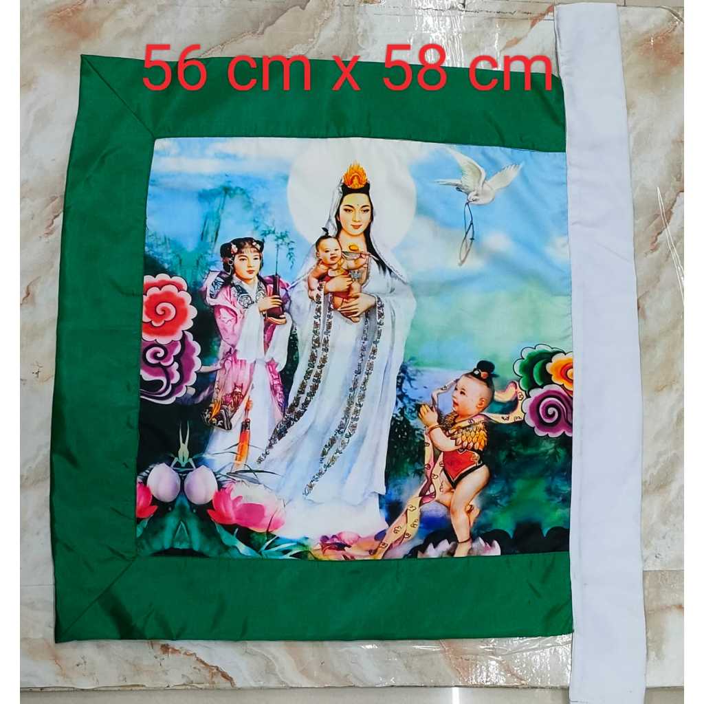 bendera  dewi kwan im / kwan im / guan yin - berdiri - gendong anak - 54 x 58 cm - list hijau - f24