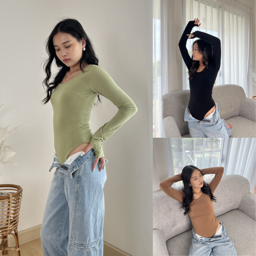 JUNE Bodysuit Wanita Long Sleeve Bodysuit Basic Polos Lengan Panjang / Atasan Wanita Lengan Panjang