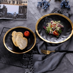 Piring Makan Hitam List Gold / Gold Rim Matte Ceramic Tray Plate / Piring Keramik Mewah