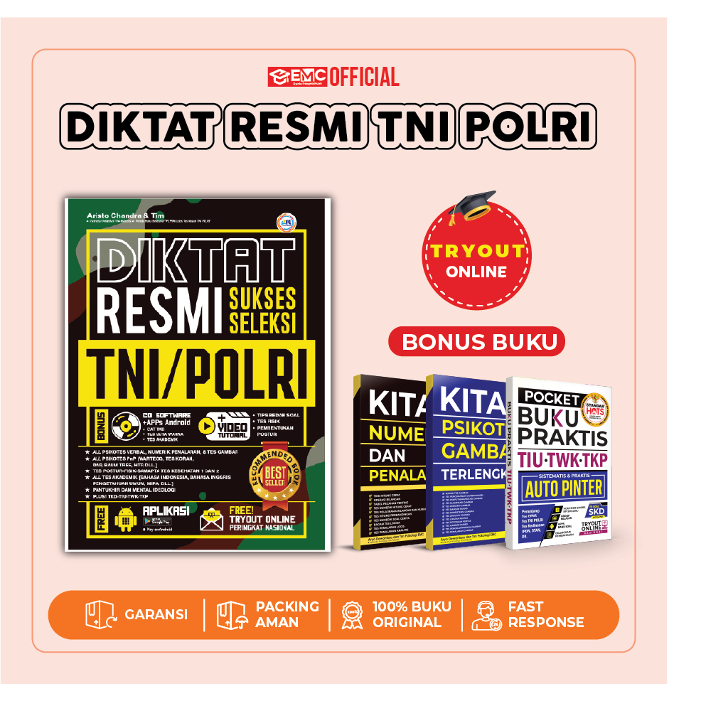 BUKU TNI POLRI 2024-2025 DIKTAT RESMI SUKSES SELEKSI TNI POLRI FREE CD + BONUS KITAB PSIKOTES GAMBAR