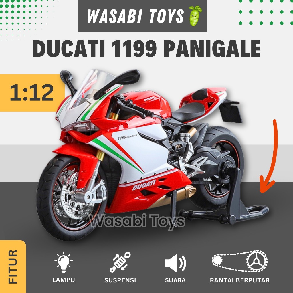 Miniatur Diecast 1:12 Ducati 1199 Panigale S Tricolore Panigale R (Rantai Gerak, Paddock, Suspensi)