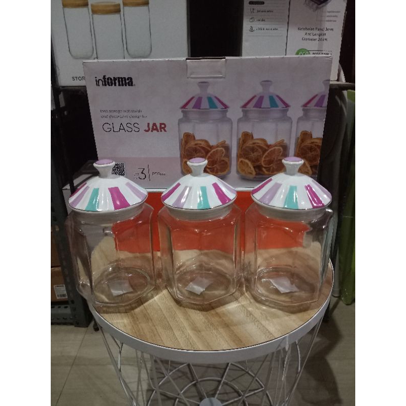 informa 850ml set 3 pcs Carnaval toples kaca tutup keramik gratis paking kayu